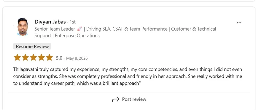 Recommendation from Divyan Jabas on a thorough, professional review