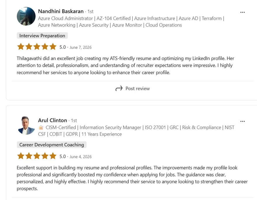 Recommendations from Nandhini Baskaran and Arul Clinton praising Thilagavathi's coaching and profile work