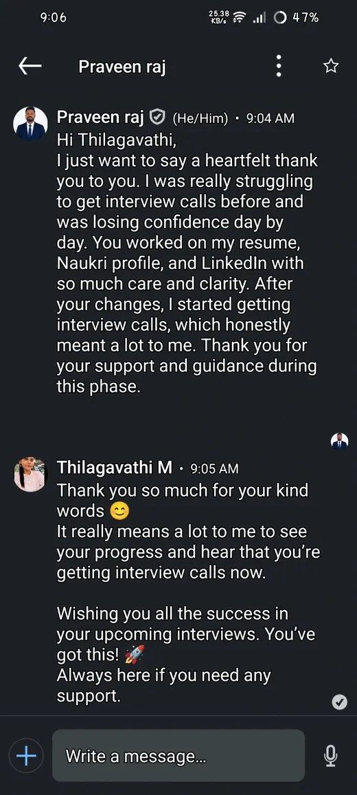 Client message from Praveen Raj after starting to get interview calls