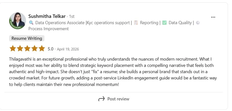 Recommendation from Sushmitha Telkar on Thilagavathi's strategic, professional approach